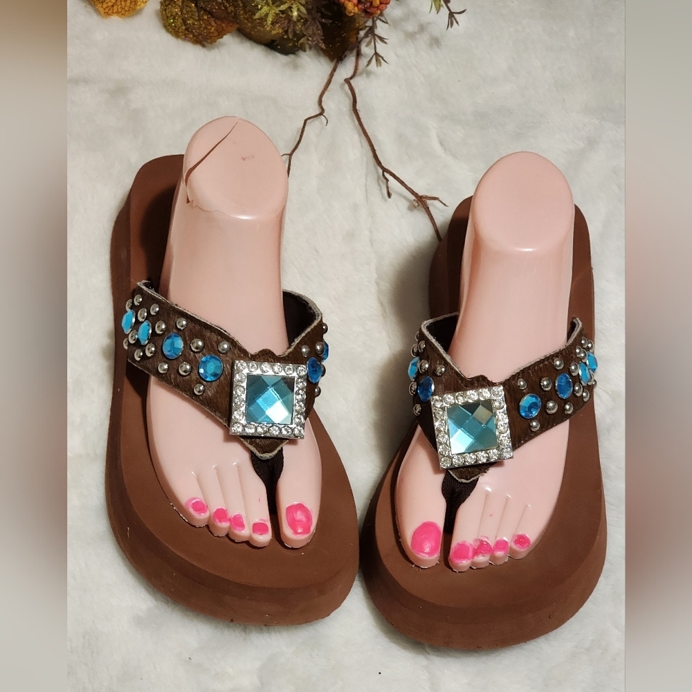 Brown and Blue Embellished Women's Sandals